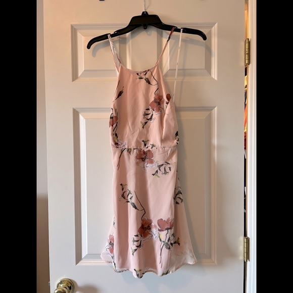 Lulus - Cherished Moment Blush Pink Floral Print Lace-Up Skater Dress - Picture 4 of 5
